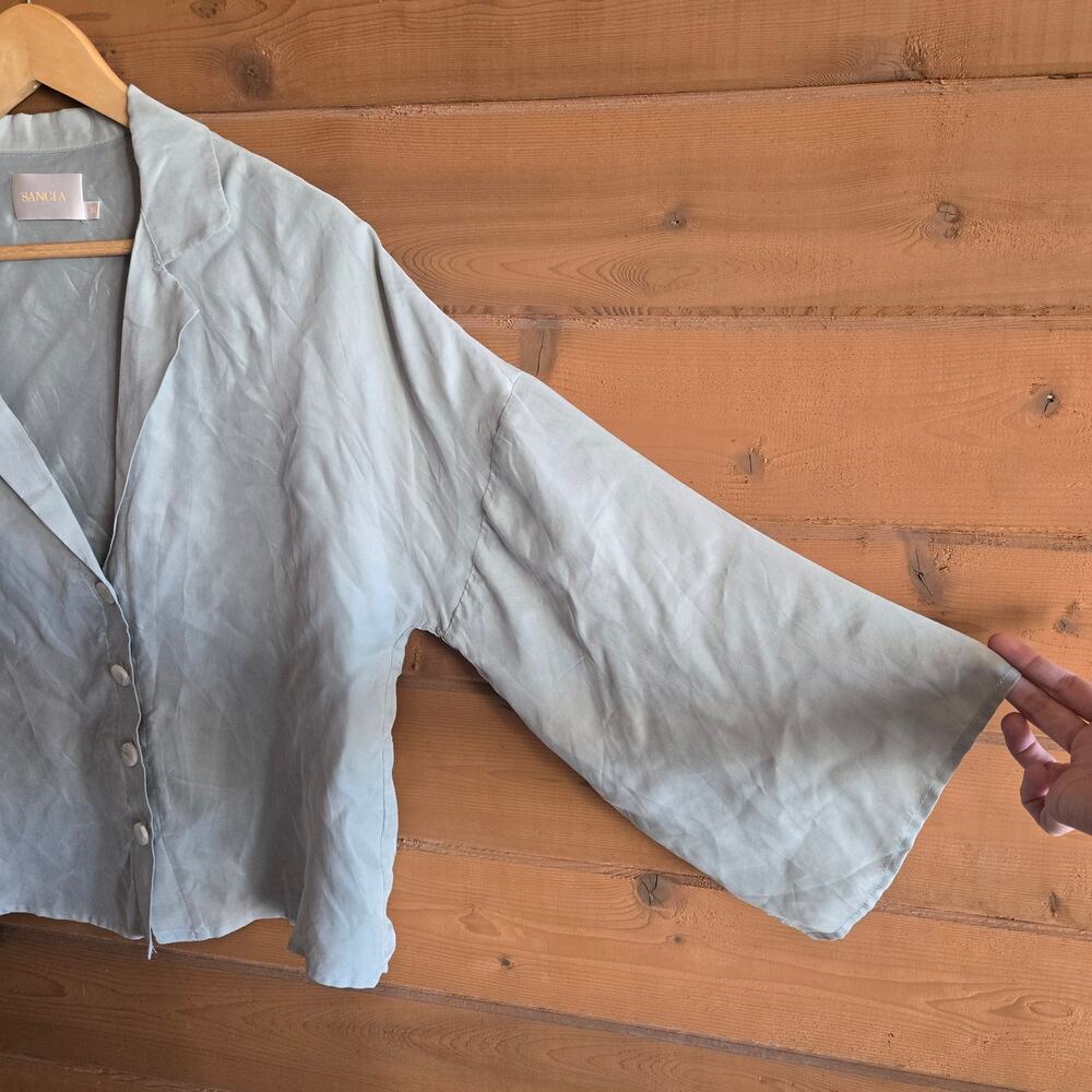 Anthropologie Sancia Annika Top Celadon Green Blouse Silky Shirt Flare Sleeve XS - Picture 4 of 8